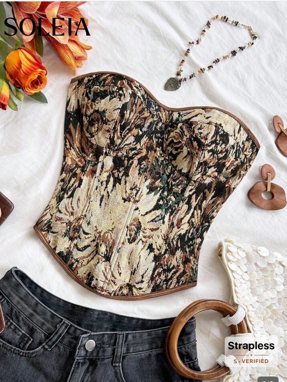 Floral Strapless Corset Top in Beige and Brown